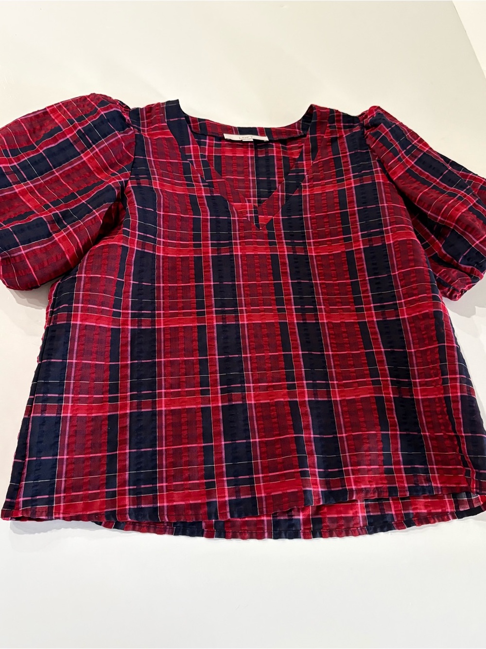 Loft Women’s Red & Navy Plaid V-neck Puff-Sleeve Top, size medium